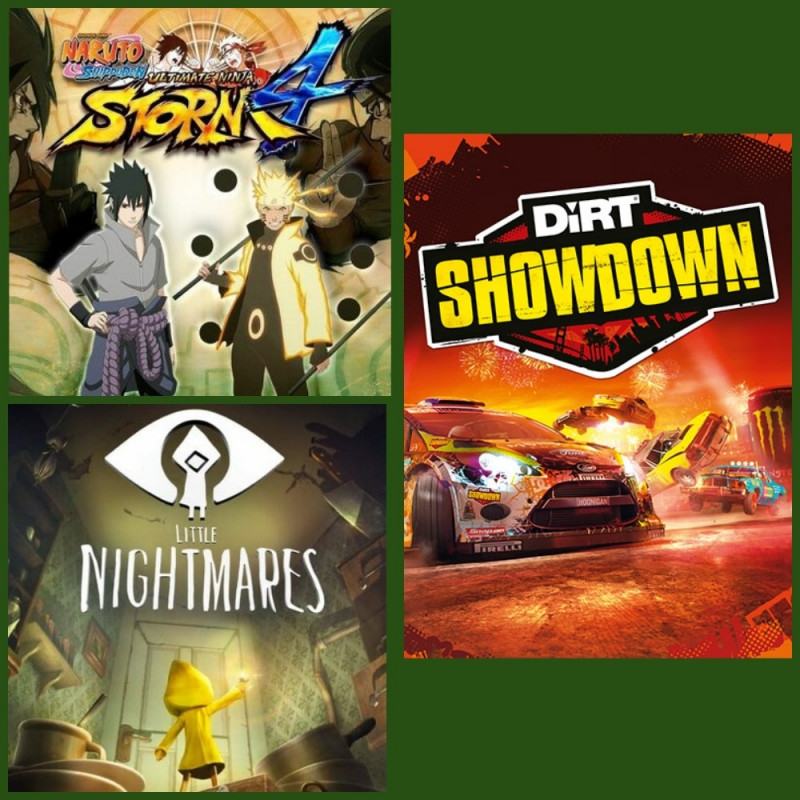 1 Pack= 3 games (Naruto Shippuden: Ultimate Ninja Storm 4,Little Nightmares Complete Edition, Dirt Showdown Reward Chest)